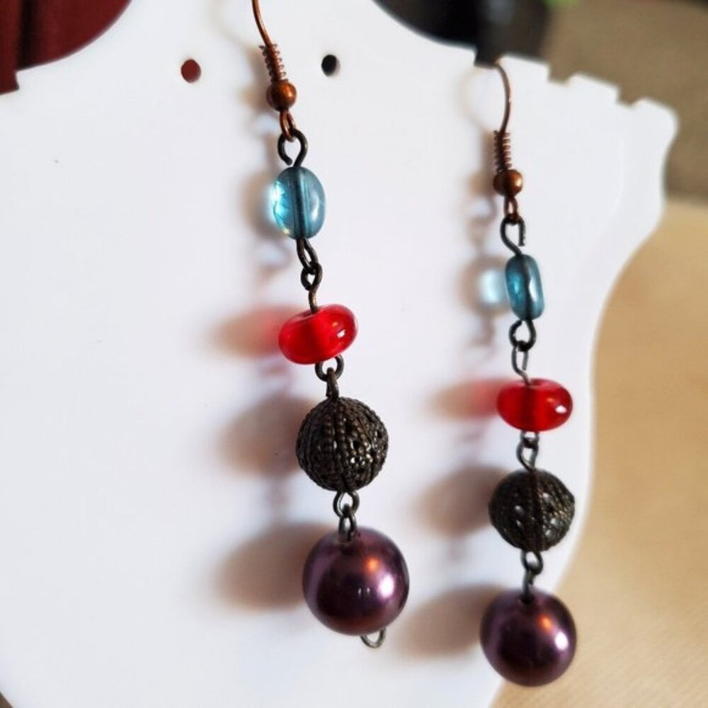 2.5IN Bronze Hook Beaded Tiered Dangle Earrings NWT